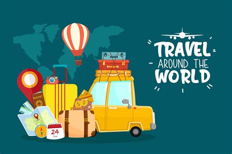 World Travel By Car With Travel Related Items 1108168 Vector Art At