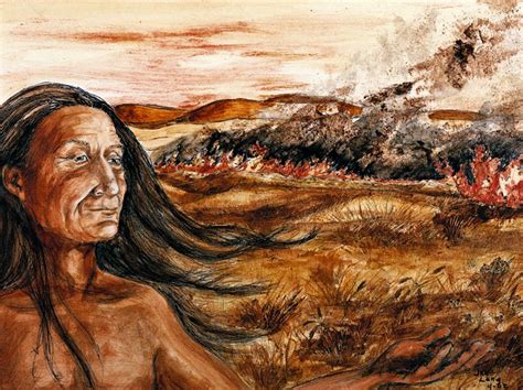 Soil Painting Of American Indian With Field Burn In Background