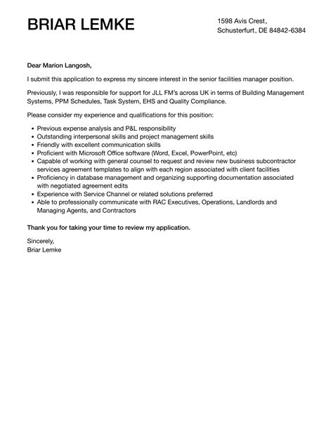Senior Facilities Manager Cover Letter Velvet Jobs
