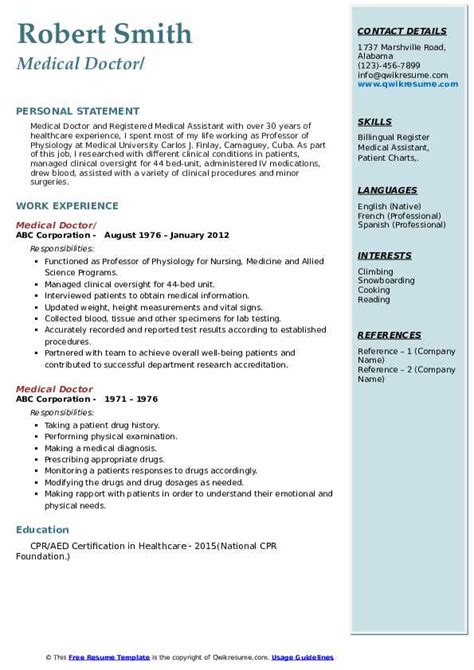 See 20+ resume templates and create your resume here. Medical Doctor Resume Samples | QwikResume