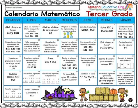 Calendario Matemático Del Mes De Octubre Del Tercer Grado De Primaria Para El Ciclo Escolar 2022