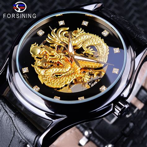 Forsining Chinese Dragon Design Diamond Dial Black Golden Men Watch