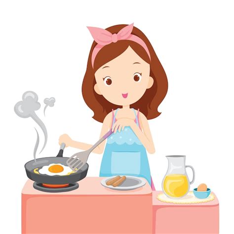 Chica Cocinando Huevos Fritos Para El Desayuno En La Cocina Vector