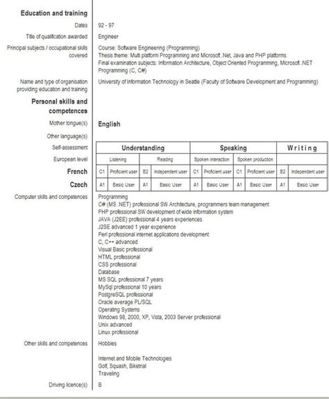 Download sample europass curriculum vitae 1 template in pdf or word format. Eeuropass CV Sample Software Engineer