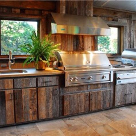 We have several examples of our reclaimed wood kitchen cabinets. Outdoor kitchen wood cabinets | Hawk Haven