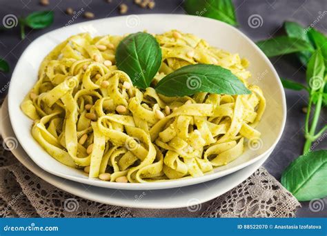 Fettuccine Pasta With Pesto Sauce Stock Photo Image Of Pesto Food