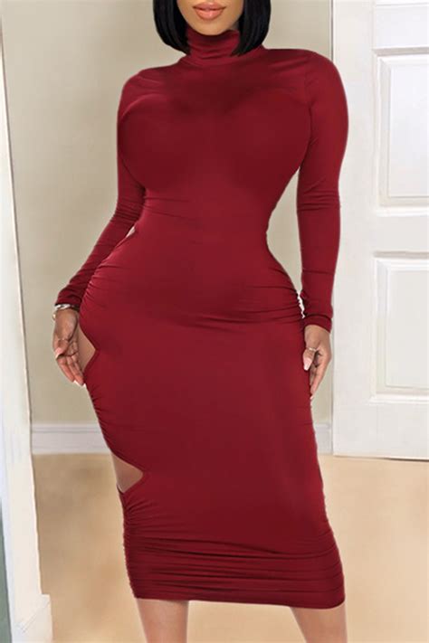 Wine Red Sexy Solid Hollowed Out Turtleneck Pencil Skirt Dresses Casual