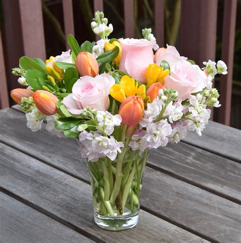 Mothers Day Flower Arrangement With Stock Roses Freesia And Tulips