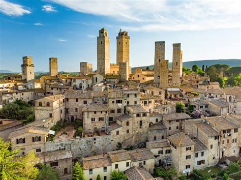 aerial view of famous medieval san gimignano hill town with its skyline of medieval towers