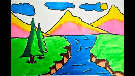 How To Draw Scenery Of Mountain And Lake Drawing For Kids Drawing