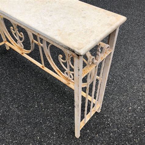 4 feet length x 1.5 feet wide x 1.75 feet high x 3 benches + 2.5 feet high table x 3 feet diameter. Vintage White Painted Iron Stone Top Garden Console For ...