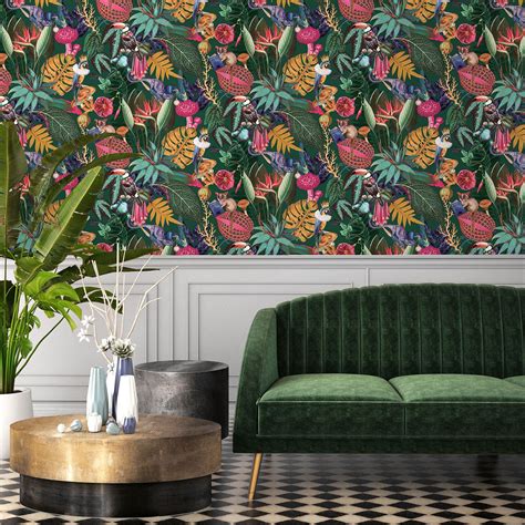 Holden decor wonderland wallpaper, shown here in ochre. Holden Tropical Wonderland Wallpaper - Exotic Animals ...