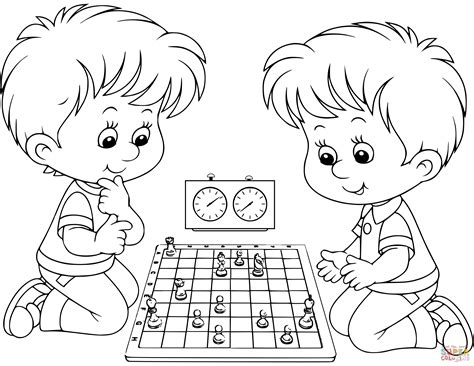 Un juego de estrategia y gestión de recursos en el que los jugadores asumen el papel. Dibujo de Dos niños jugando al ajedrez para colorear ...