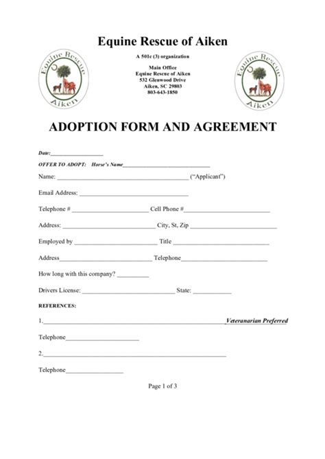 Equine Rescue Of Aiken Adoption Form And Agreement Printable Pdf Download