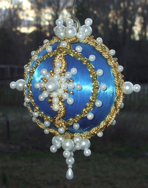 Christmas Ornament Blue Satin Ball Green Rhinestone Gems Clear Faceted