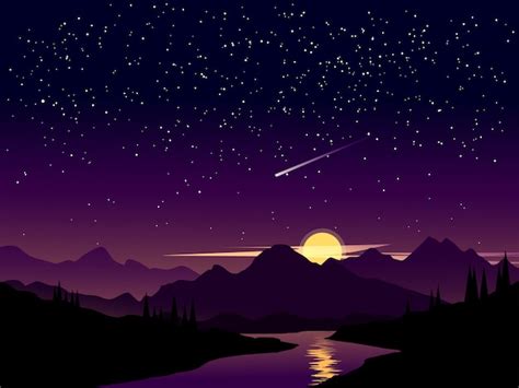 Premium Vector Night Landscape With Starry Sky And Shooting Stars