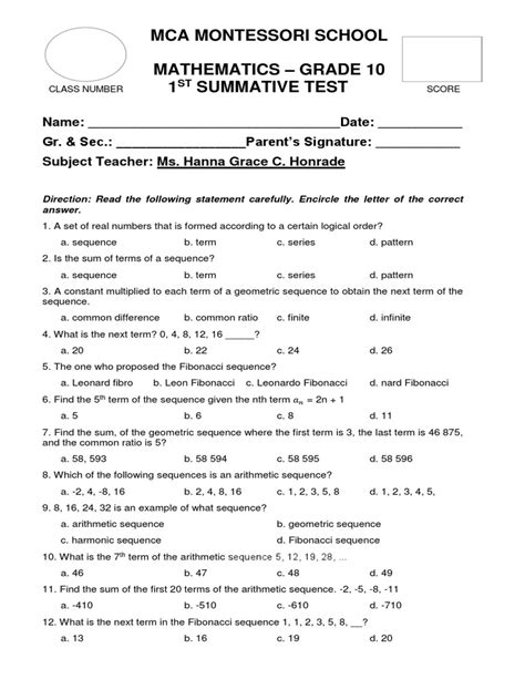 1st Summative Test Grade 10 Sequence Arithmetic Mean