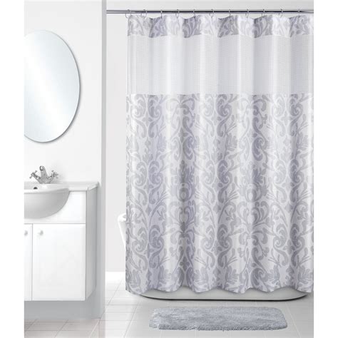 Damask Retreat Grey Polyester Printed Fabric Shower Curtain With Semi Sheer Netting By Allure
