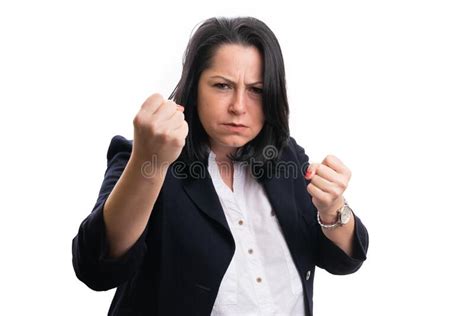 Angry Businesswoman In Suit Showing Fighting Fists Gesture Stock Image