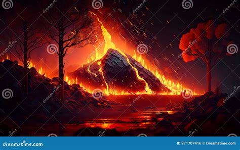 Forest On Fire By Magma From Volcano Eruption Smoke Rises In Night Sky