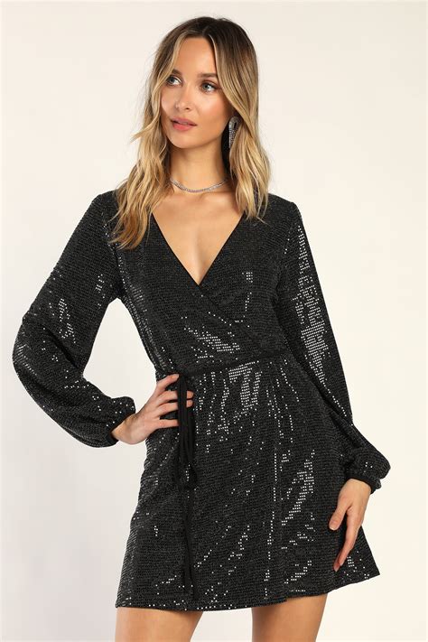 Shiny Black Dress Confetti Dot Dress Mini Wrap Dress Lulus