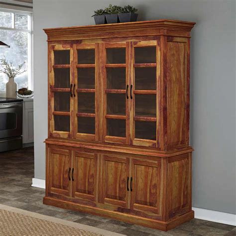 Oklahoma Rustic Solid Wood Glass Door Large Kitchen Hutch