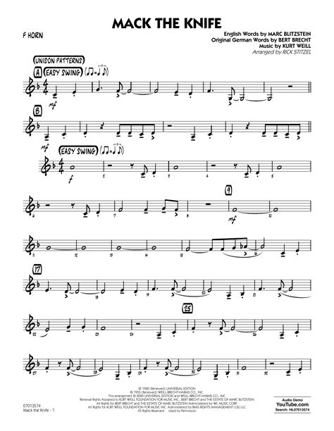 Bobby Darin Mack The Knife Arr Rick Stitzel F Horn 5 99 Piano Music Notes Sheet Music