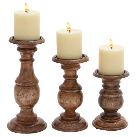 Set Of 3 Rustic Pillar Candle Holder Olivia And May Wooden Candle