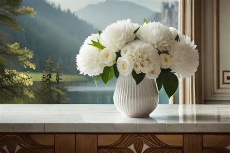 Premium Photo White Flowers In A Vase On A Marble Countertop