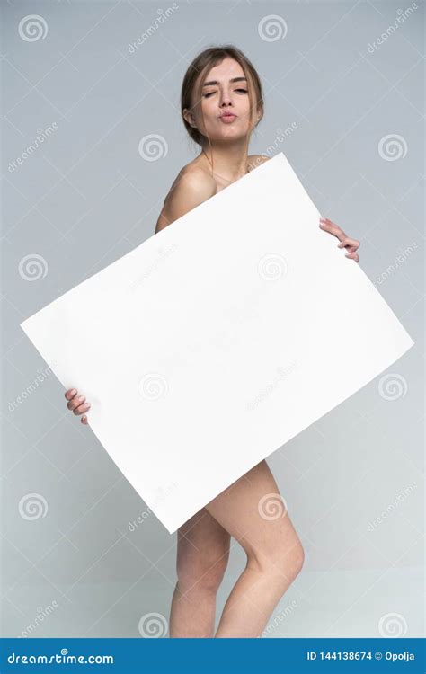 Naked Girl With A Poster Clean Skin Hair Removed Isolate For Advertising And Presentation