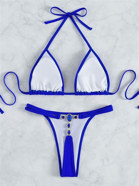 Factory Price 2022 Crystal Diamond Luxury Two Piece Thong Bikini Set Halter Triangle Beach Wear