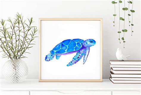 Watercolor Sea Turtle Wall Art Blue Nautical Print Bathroom Etsy