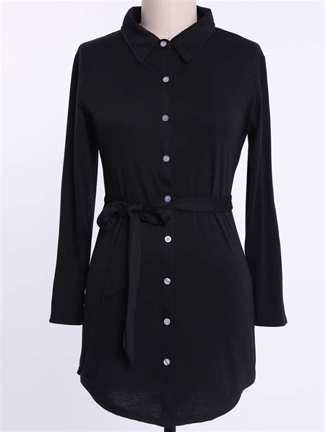 Fashionable Black Shirt Collar Long Sleeve Pleated Plus Size Dress For