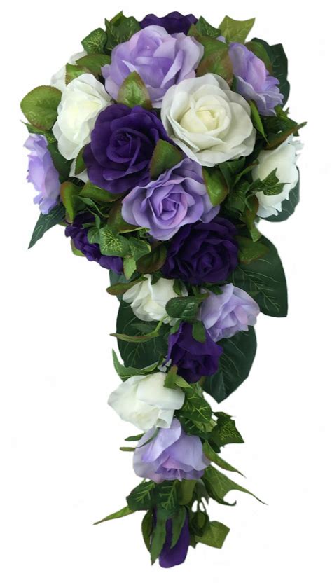 Purple Lavender And Ivory Silk Rose Cascade Bridal Flowers Wedding Bouquet