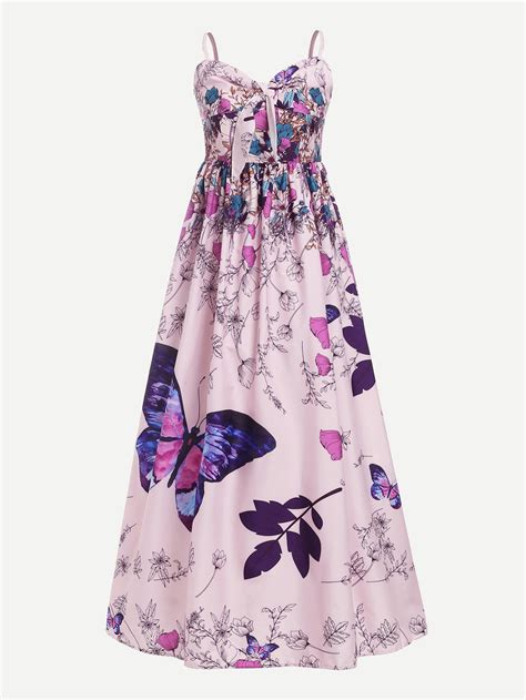 Butterfly Print Knot Front Pleated Cami Dress Sheinsheinside Cami