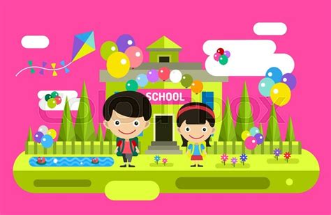 Back To School Background Cute Vector Cartoon Boy And Girl Playing Near School Building School