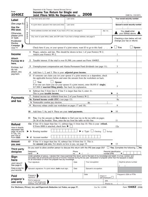 Irs 1040 Ez 2008 Fill Out Tax Template Online Us Legal Forms