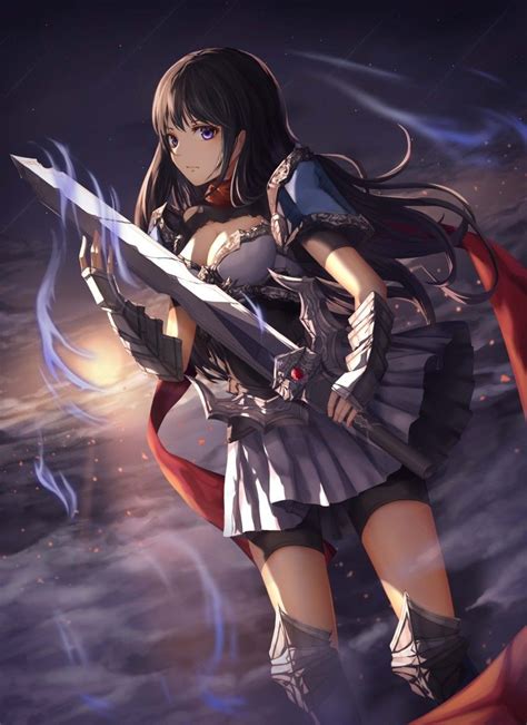 1girl absurdres black hair breasts clouds greaves highres holding holding sword holding weapon