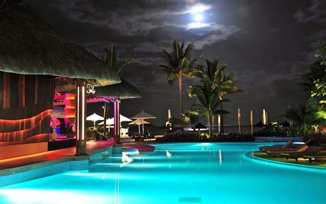 Wallpaper Night Water Palm Trees Swimming Pool Resort Estate