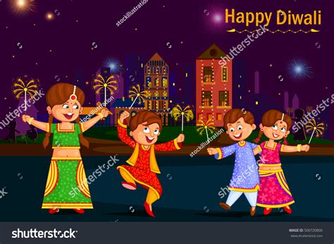 Kids Enjoying Firecracker Celebrating Diwali Festival Stock Vector