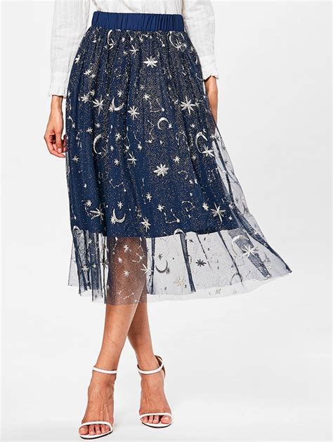 High Waist Starry Star Print Midi Skirt Deep Blue M In 2020 Midi Skirt Galaxy Skirt