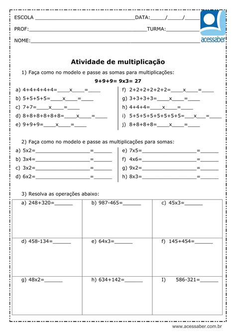 Atividades De Matemática 3 Ano Para Copiar No Caderno Multiplicação