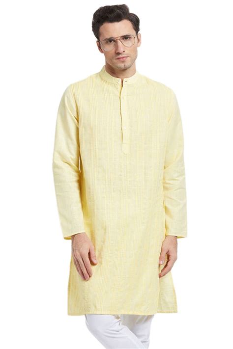 Shatranj Mens Indian Mandarin Collar Long Vintage Style Textured Lemon