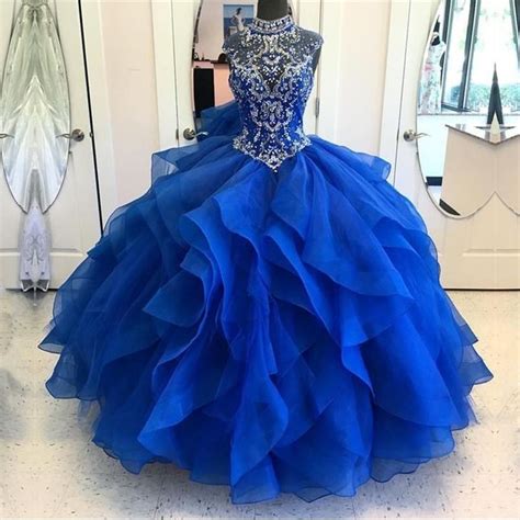 High Neck Crystal Beaded Bodice Organza Layered Quinceanera Dresses