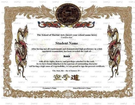 Golden Dragon Martial Artskarate Rank Belt Certificate