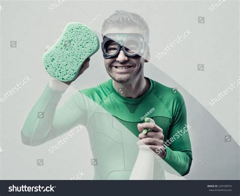 Smiling Superhero Cleaning Sponge Detergent Stock Photo 229109974