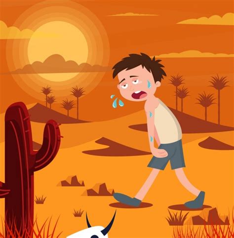 Hot Weather Background Tired Boy Desert Icons Decor Vectors Graphic Art