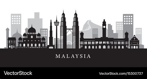 Malaysia Landmarks Skyline In Black And White Vector Image