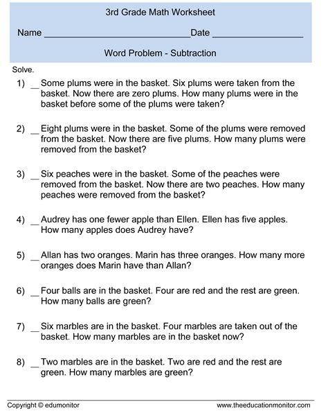 Mixed word problems with key phrases worksheets these word problems worksheets will produce addition, multiplication, subtraction and division problems using clear key phrases to give the student a clue as to which type of. Third Grade Subtraction Word Problems|3rd Grade Math