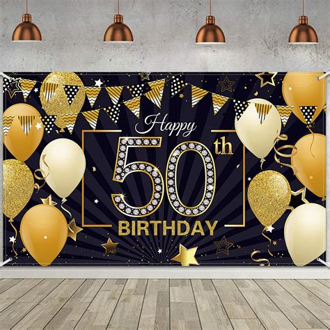 Happy 50th Birthday Backdrop Large Fabric Black Gold 50th